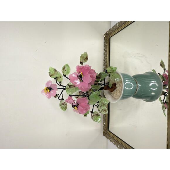 Beautiful Vintage Jade Glass Bonsai Tree Pink Flower Rose, Green Celadon Pot - Picture 10 of 10